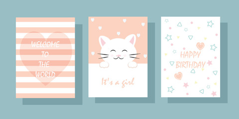 Set of vector cute greeting cards for kids with text.