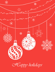 Christmas card with happy holidays inscription with garland snowflake balls on red background.
