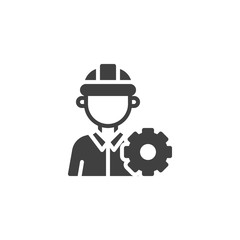 Engineer worker with gear vector icon. filled flat sign for mobile concept and web design. Industrial worker and cogwheel glyph icon. Repairman service symbol, logo illustration. Vector graphics