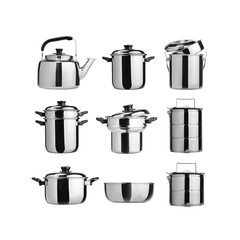 Kitchenware or Group of stainless steel kitchenware on background new.