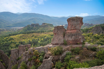 Beautiful landscape with bizarre rock formations. Stone stairs leading to the amazing rock formations and walls of a medieval fortress in Belogradchik, northwest Bulgaria. Panorama