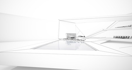Abstract drawing architectural white interior of a minimalist house with swimming pool and large window. 3D illustration and rendering.