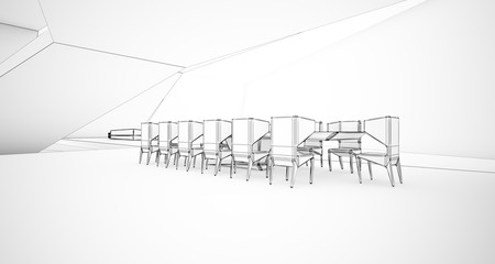 Abstract drawing architectural white interior of a minimalist house with swimming pool and large window. 3D illustration and rendering.