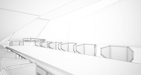 Abstract drawing architectural white interior of a minimalist house with swimming pool and large window. 3D illustration and rendering.