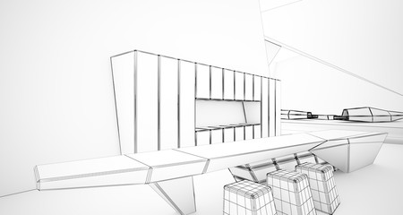 Abstract drawing architectural white interior of a minimalist house with swimming pool and large window. 3D illustration and rendering.