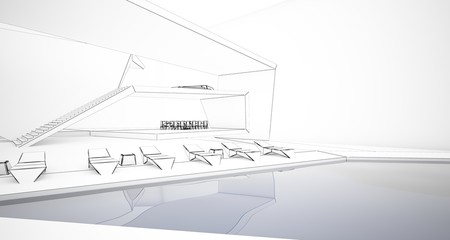 Abstract drawing architectural white interior of a minimalist house with swimming pool and large window. 3D illustration and rendering.