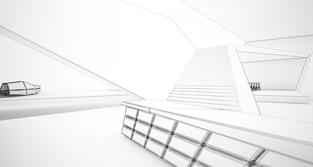 Abstract drawing architectural white interior of a minimalist house with swimming pool and large window. 3D illustration and rendering.