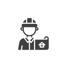 Architect worker proffection vector icon. filled flat sign for mobile concept and web design. Construction engineer with house blueprint glyph icon. Symbol, logo illustration. Vector graphics