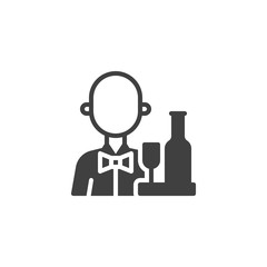 Restaurant waiter avatar vector icon. filled flat sign for mobile concept and web design. Barman waiter with wine bottle and glass on tray glyph icon. Symbol, logo illustration. Vector graphics
