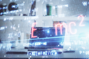 Desktop computer background and formula hologram writing. Double exposure. Education concept.