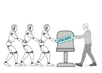 man is fighting a robot for a vacant workplace. competition of the robot and man. vector illustration.