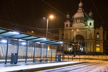 reconstructed square in font of Lviv railway station in Ukraine