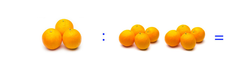 operación simple de división matemática entre naranjas; cálculo matemático