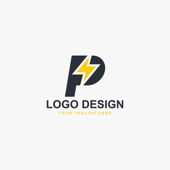 Electric power logo design vector. Yellow thunder abstract symbol. Monogram P letter and bolt vector icons.