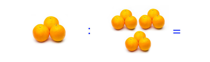 operación simple de división matemática entre naranjas; cálculo matemático
