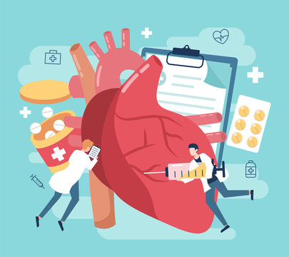 Heart disease treatment with medicine and people illustration