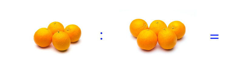 operación simple de división matemática entre naranjas; cálculo matemático