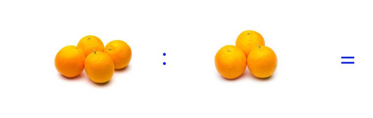 operación simple de división matemática entre naranjas; cálculo matemático