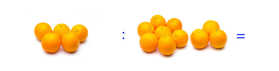 operación simple de división matemática entre naranjas; cálculo matemático