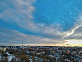 Fototapeta na wymiar Aerial view of Zeleny Lug district in Minsk, Belarus in winter