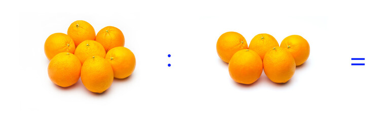 División sencilla entre naranjas, cálculo matemático de división.