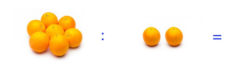 División sencilla entre naranjas, cálculo matemático de división.