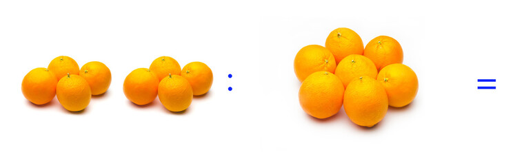 División sencilla entre naranjas, cálculo matemático de división.