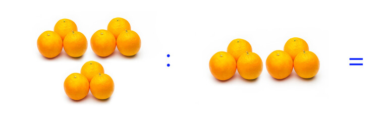 División sencilla entre naranjas, cálculo matemático de división.