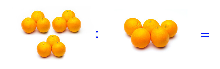 División sencilla entre naranjas, cálculo matemático de división.