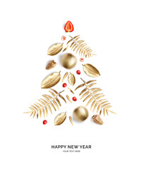 Creative happy new year card made of gold leaves and fruits on the white background.  Fruits happy new year, top view, festive greeting card.