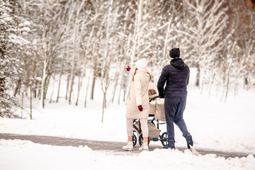 Fototapeta na wymiar A married couple rolls a child in a wheelchair in the winter Park