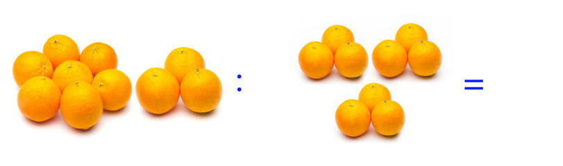 División sencilla entre naranjas, cálculo matemático de división.