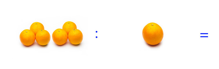 División sencilla entre naranjas, cálculo matemático de división.