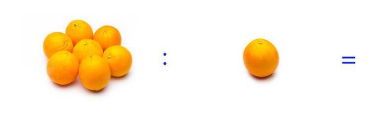 División sencilla entre naranjas, cálculo matemático de división.