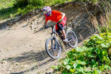 Mountain biker riding on bike in summer mountains forest landscape. Man cycling MTB flow trail track.