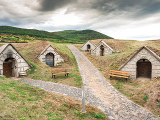 Fototapeta na wymiar Traditional wine cellars in Hercegkut near Sarospatak Tokaj region Hungary - Button Hill