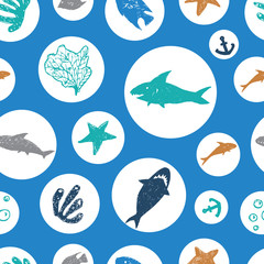 Vector blue circles with colourful cute shark pen sketch repeat pattern. Perfect for fabric, scrapbooking and wallpaper projects.