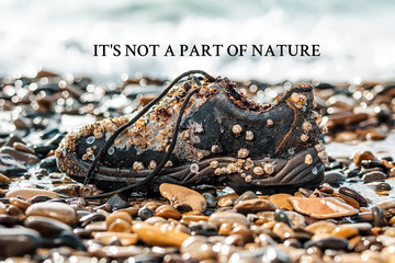 Concept of environmental protection and pollution. An old Shoe covered with shells lies on the oceans stones. Close up. In the background, the sea. The inscription It's not a part of nature
