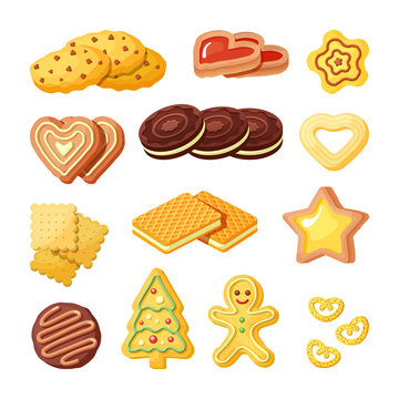 Delicious biscuits, bakery products flat vector illustrations set