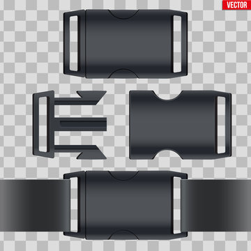 Set of fastex semi-automatic clip. Fastener plastic buckle. Equipment accessory for backpack and bag. Vector Illustration isolated on transparent background.