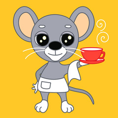 emoticon with a cool smiling mouse waiter who carries in his hand a cup and saucer on a napkin, vector color clip art