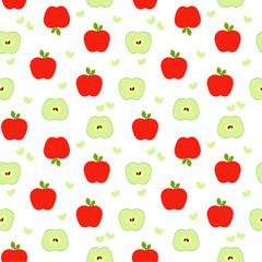  Seamless pattern: green and red isolated apples and halves of apples on a white background. Flat vector. illustration