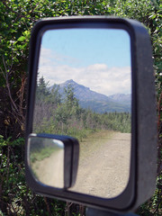 Scenic view in rear view mirror
