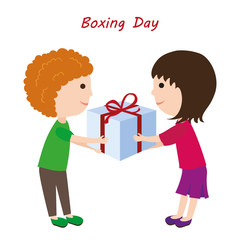 Boxing Day. Boy gives girl gift in big box. Vector illustration.