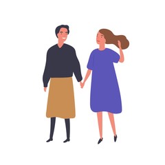 Girlfriends holding hands flat vector illustration. Cheerful women holding hands cartoon characters. Best friends, lesbian couple on stroll. Strong friendship, same sex relationship design element.