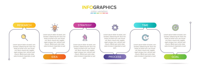Concept of arrow business model with 6 successive steps. Six colorful graphic elements. Timeline design for brochure, presentation. Infographic design layout