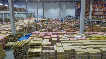 Warehouse with workers, cardboard boxes inside on pallets racks, logistic center