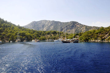 Obraz premium Gocek, mugla-turkey. Tour the bays with yachts and boats.