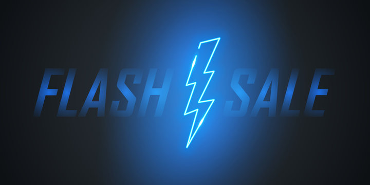 Flash Sale text design with neon lightning bolt for business, discount shopping, sale promotion and advertising. Vector illustration.