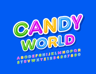 Vector colorful Sign Candy World. Sweet Bright Font. Glossy Alphabet Letters and Numbers.